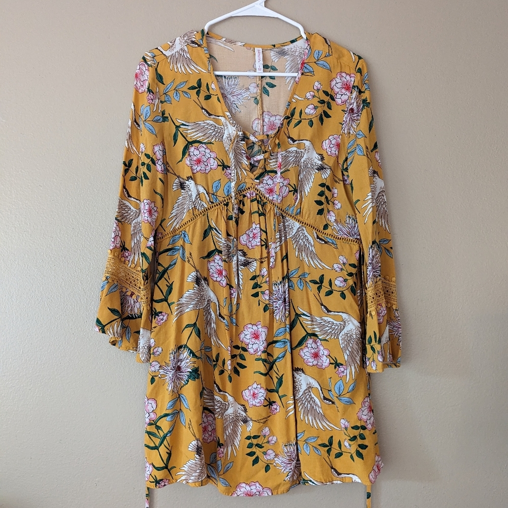 xhilaration bell sleeve yellow bird dress with crochet details